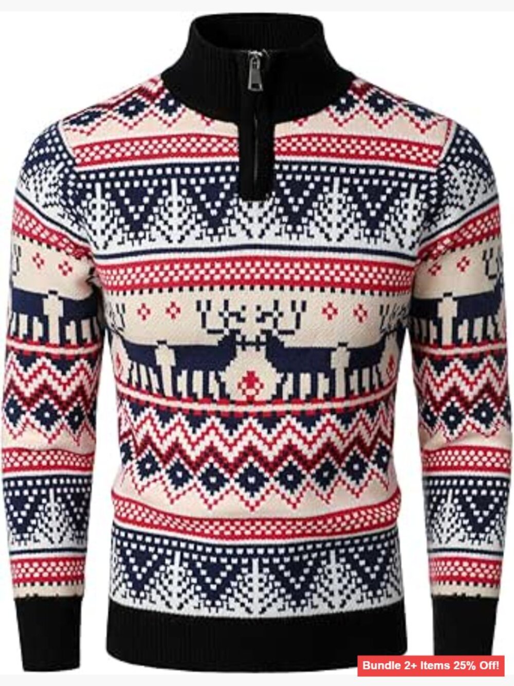 Men's Half-Zip Pullover Sweater Reindeer Christmas Holiday Party Wear